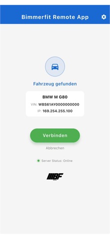 Bimmerfit-App: Fahrzeug gefunden, VIN und Button Verbinden