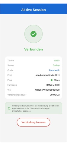 Bimmerfit-App: aktive Sitzung mit Verbindungsstatus und Trennen-Button
